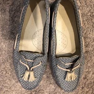 Chambray and white TOMS shoes, size 6